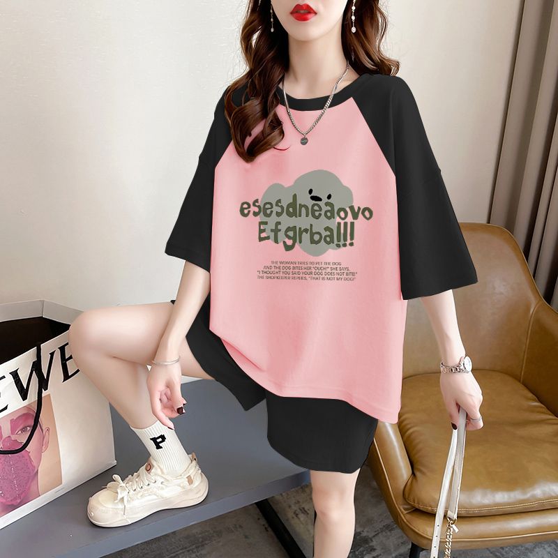 Real shot of pure cotton 32 double yarn 230g 2025 summer casual short-sleeved T-shirt shorts suit women's two-piece set