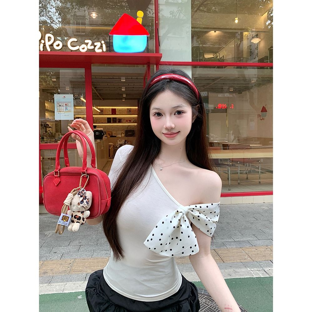 Modal cotton pure white polka dot bow slanted shoulder short sleeve T-shirt for women summer off-shoulder short top