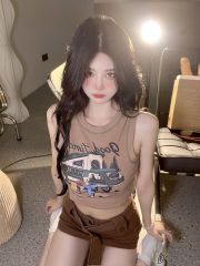 設計感外穿吊帶背心夏季字母印花小眾圖案新款女短款辣妹露臍復古