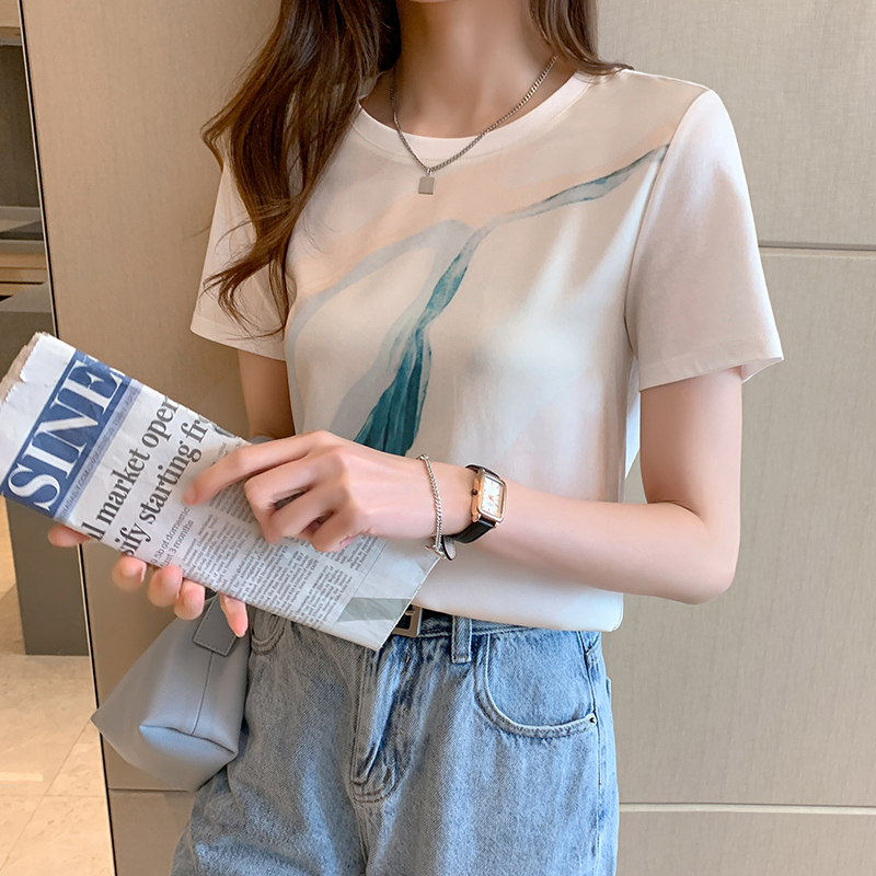 實拍重磅真絲t恤女短袖印花桑蠶絲白色圓領小衫2025夏裝短款上衣