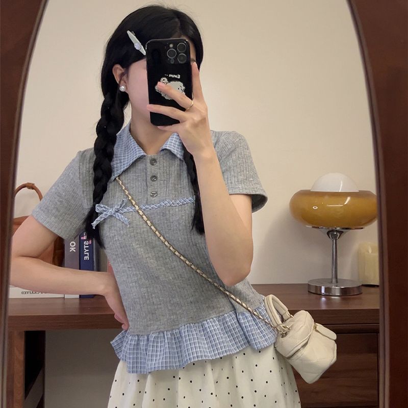 假兩件POLO領短袖t恤女夏季甜妹小個子蝴蝶結短款修身上衣女