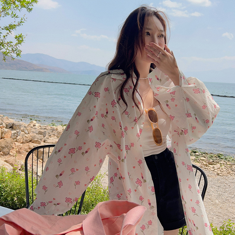 Spring and summer Korean style loose high-end niche floral long-sleeved shirt jacket for women mid-length design