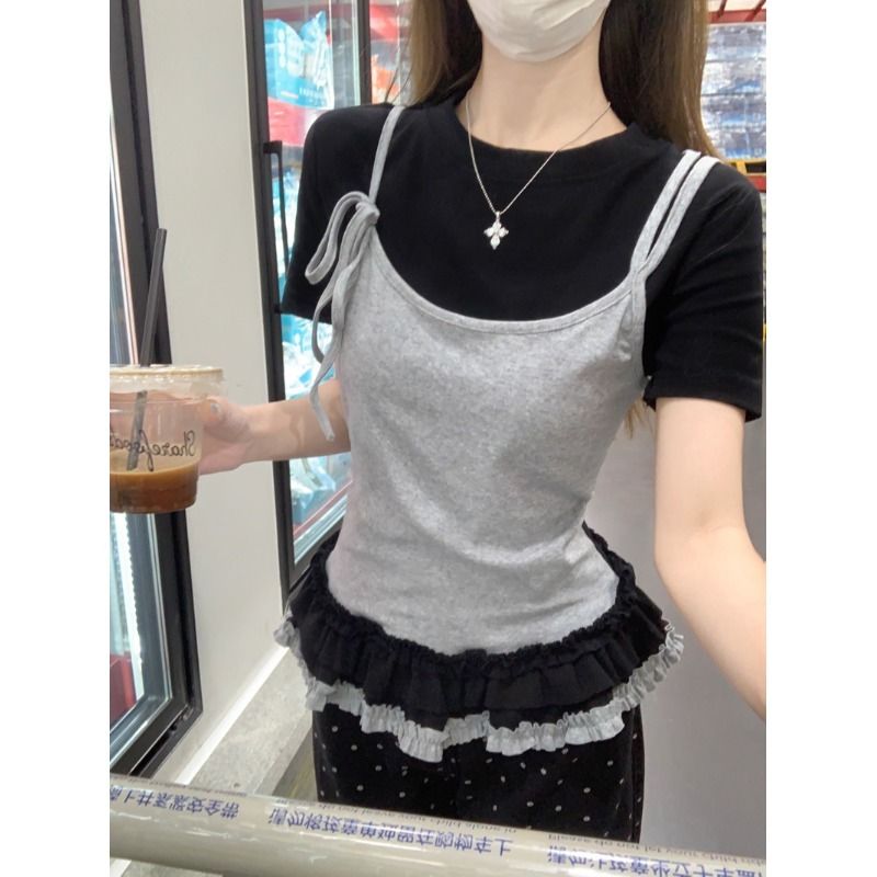 3個顏色休閒復古短袖T恤女裝春季白色吊帶體恤遮肉顯瘦上衣