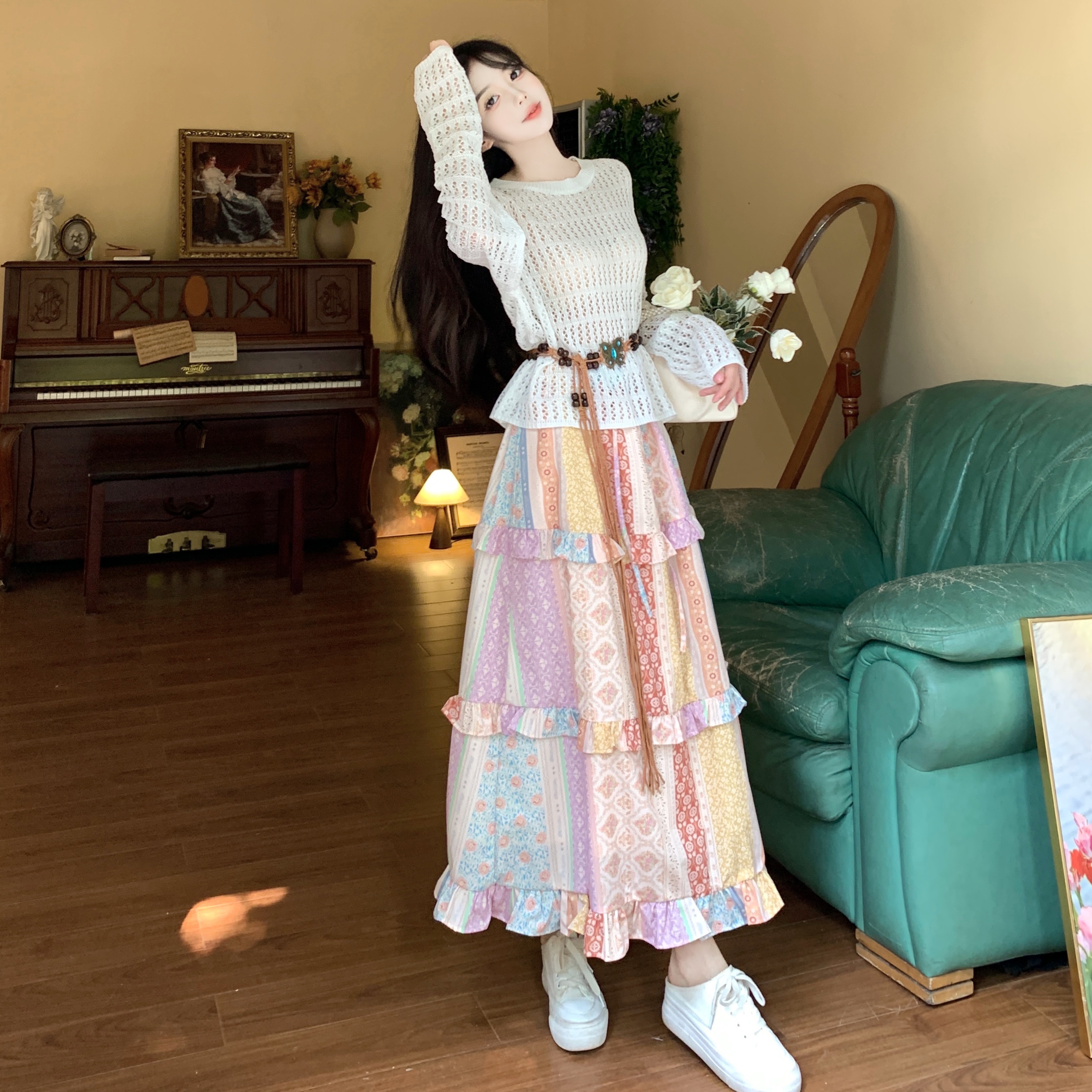 復古印花半身裙女春夏2025新款設計感小眾高腰顯瘦花邊A字中長裙