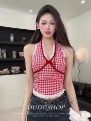 蝴蝶結格子短款掛脖背心女夏季修身內搭蕾絲拼接上衣