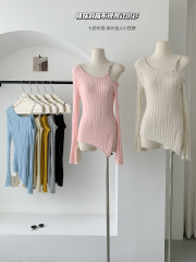 Sloping Shoulder Cardigan Off-the-Shoulder Slit 2025 Spring New Sexy Babe Asymmetrical Top Slimming Knitwear