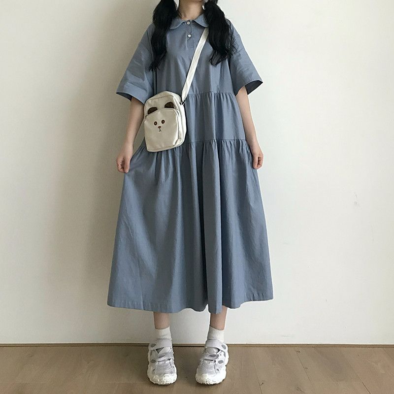 College waist-hugging Korean style doll collar dress student loose short-sleeved skirt