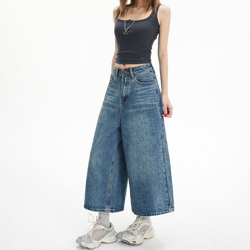 Real shot of 2025 spring and summer fashionable loose wide-leg pants high waist versatile drooping cropped pants