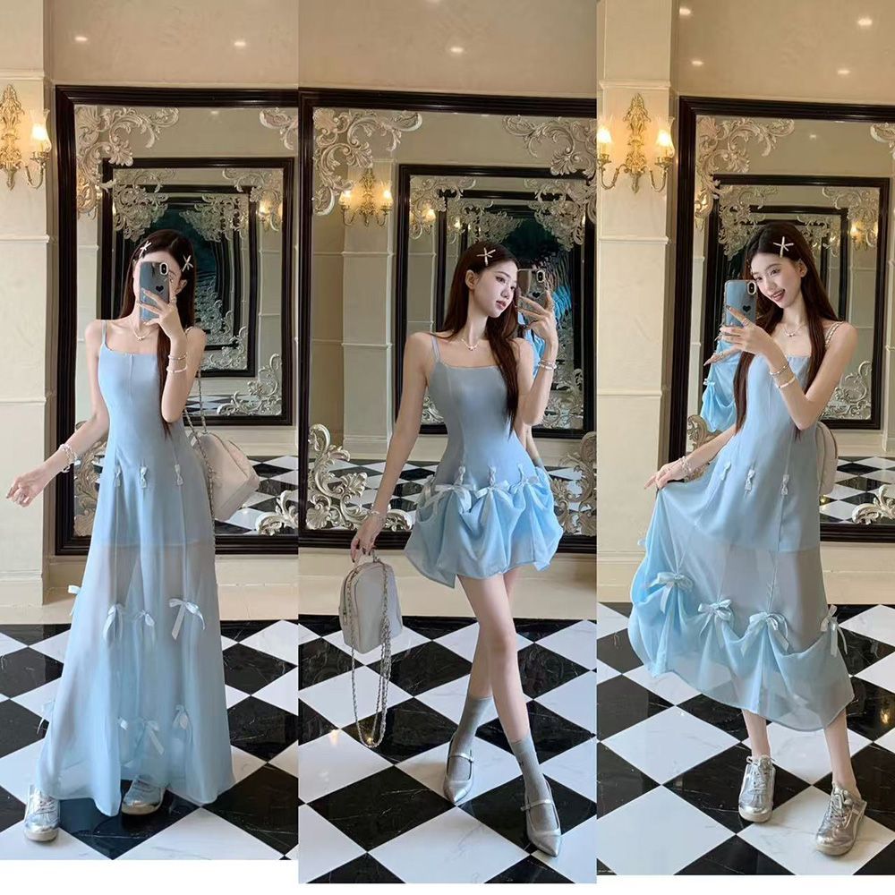 蝴蝶結氣質顯瘦吊帶連衣裙女2025春季設計感兩穿超仙收腰顯瘦長裙
