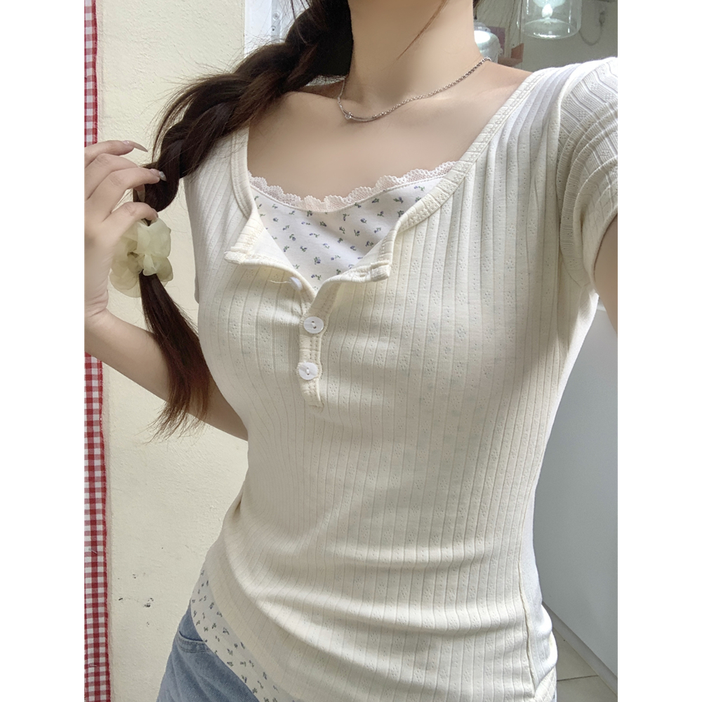 實拍  廣州提花拼40支布匹 夏裝蕾絲碎花假二件短袖女