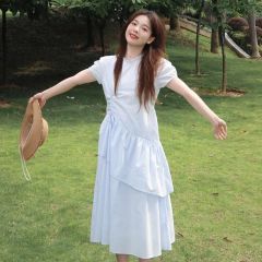 夏季法式奶甜溫柔風藍色抽繩收腰連衣裙小個子顯瘦別致洋氣長裙子