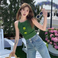 Cashmere Flower Pendant Neck Knit Strap Tank Top for Women 2025 Summer New Sweet Short Sleeve T-shirt Can Be Worn as a Top or Bottom Trendy