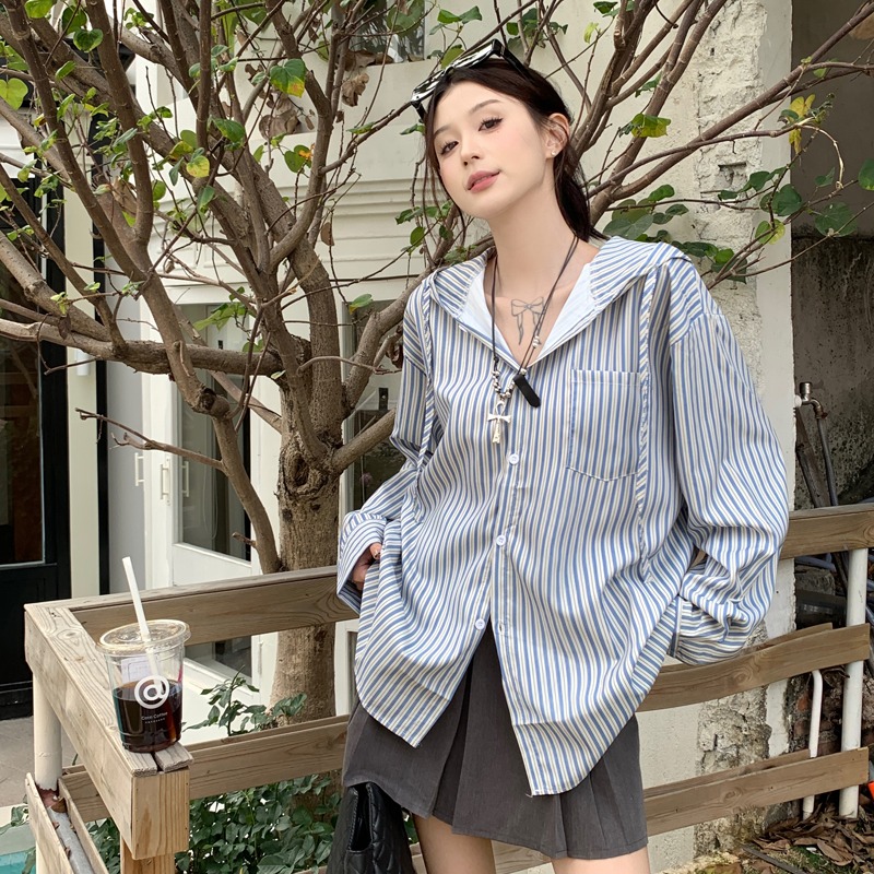 韓系復古慵懶豎條紋連帽襯衫女2025春季百搭寬鬆長袖上衣防曬外套