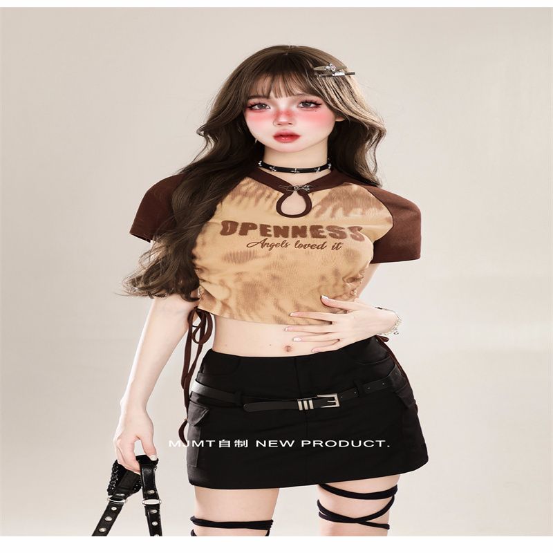 螺紋 大碼胖MM美式復古短袖t恤女小眾設計感印花綁帶短款辣妹上衣