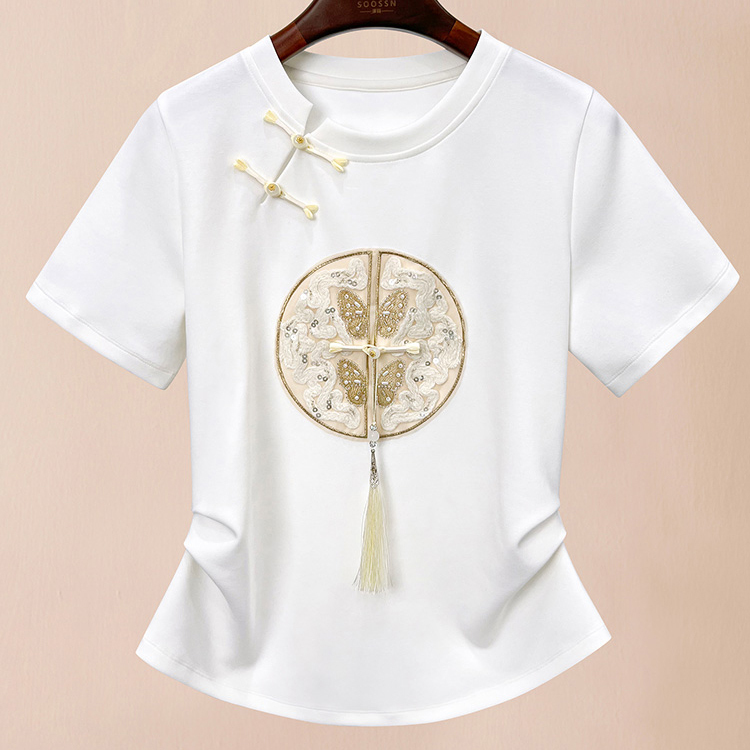 新中式盤扣國風刺繡短袖t恤女白色2025新款夏季修身顯瘦上衣