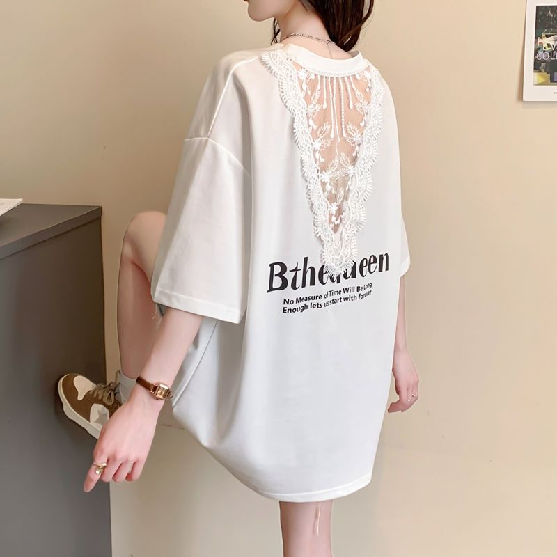 First release 100% pure cotton/back collar This year's popular lace spliced ​​short-sleeved T-shirt women's loose top