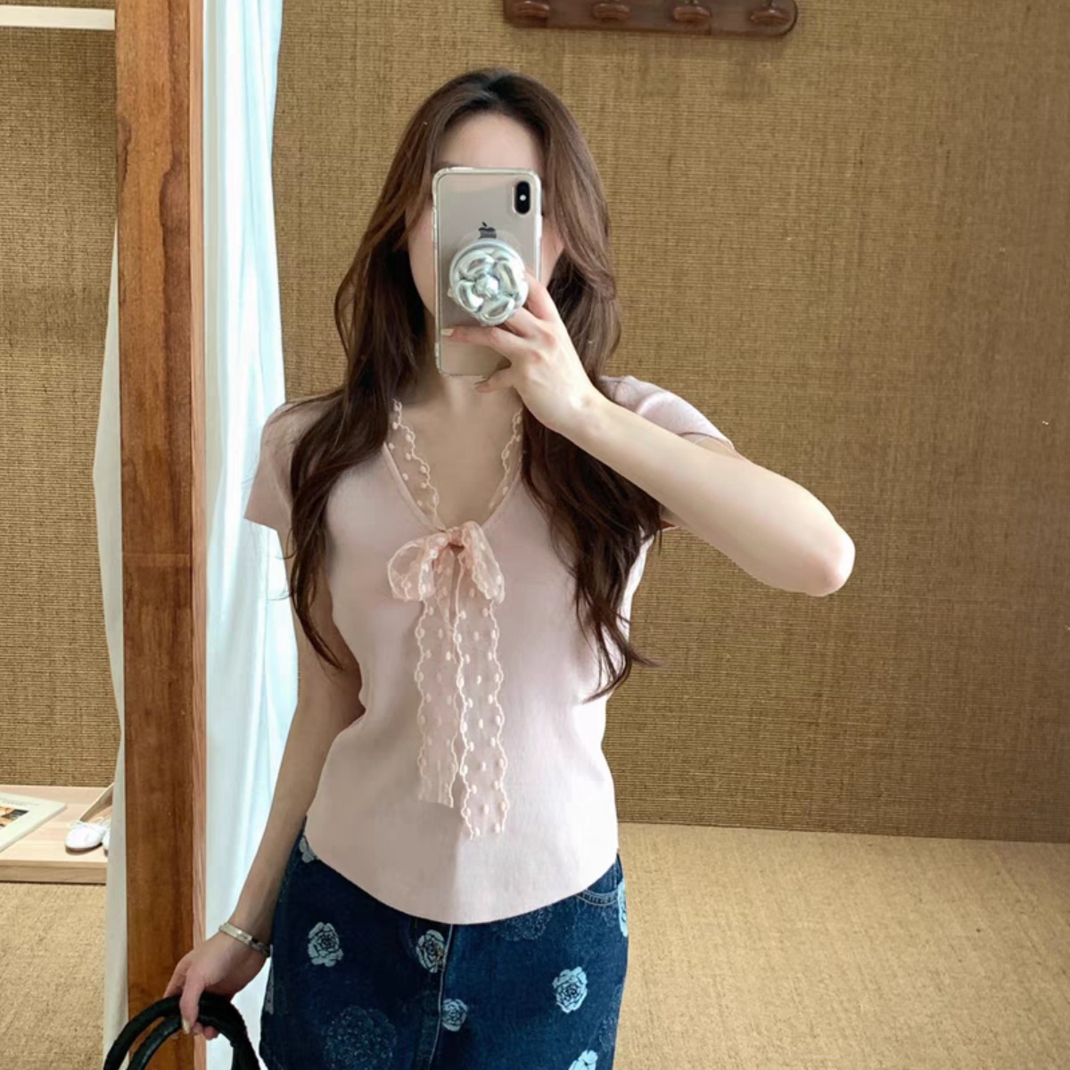 AS OFFICIAL博薦女裝純欲v領蕾絲綁帶設計小衫洋氣氣質針織衫