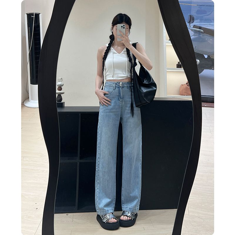Real shot of 2025 spring and summer fashion tini straight jeans women's wide-leg pants