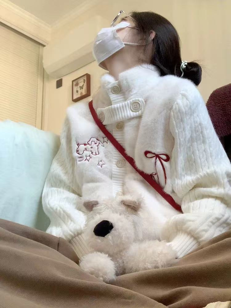 學院風甜美小狗蝴蝶刺繡針織毛絨拼接外套女冬季新款防寒保暖上衣