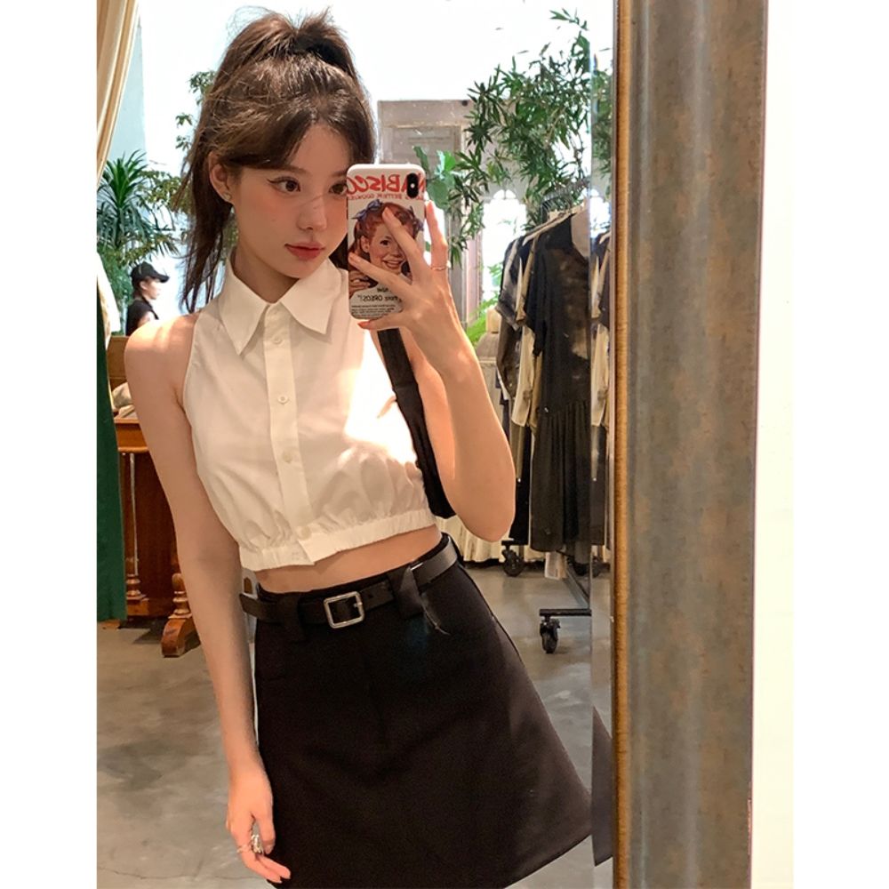 2025夏季高級感無袖削肩短款襯衫女設計感小眾修身氣質短款小上衣