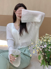 Sunscreen knitted cardigan thin women's large size summer fat mm air conditioning shirt ice silk small jacket suspender skirt outer blouse