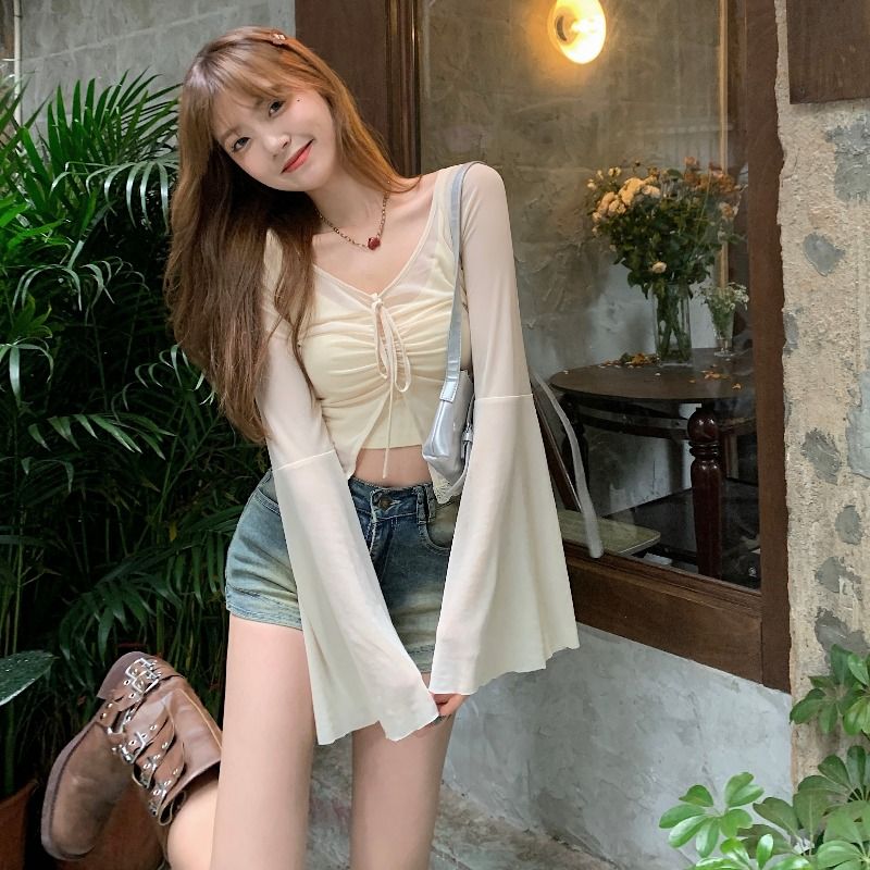 甜辣妹春裝搭配一整套時尚長袖防曬衫罩衫女吊帶夏款上衣兩件套裝