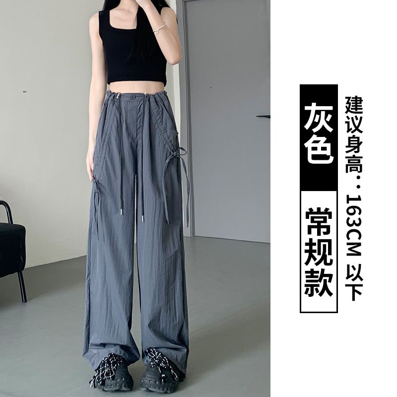 美式運動褲女夏天年新款高腰直筒蝴蝶結休閒卡其色速干工裝褲