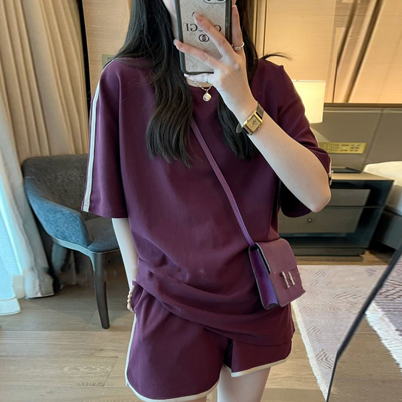拼色運動短褲套裝女2025新款夏裝休閒短袖T恤時尚兩件套裝