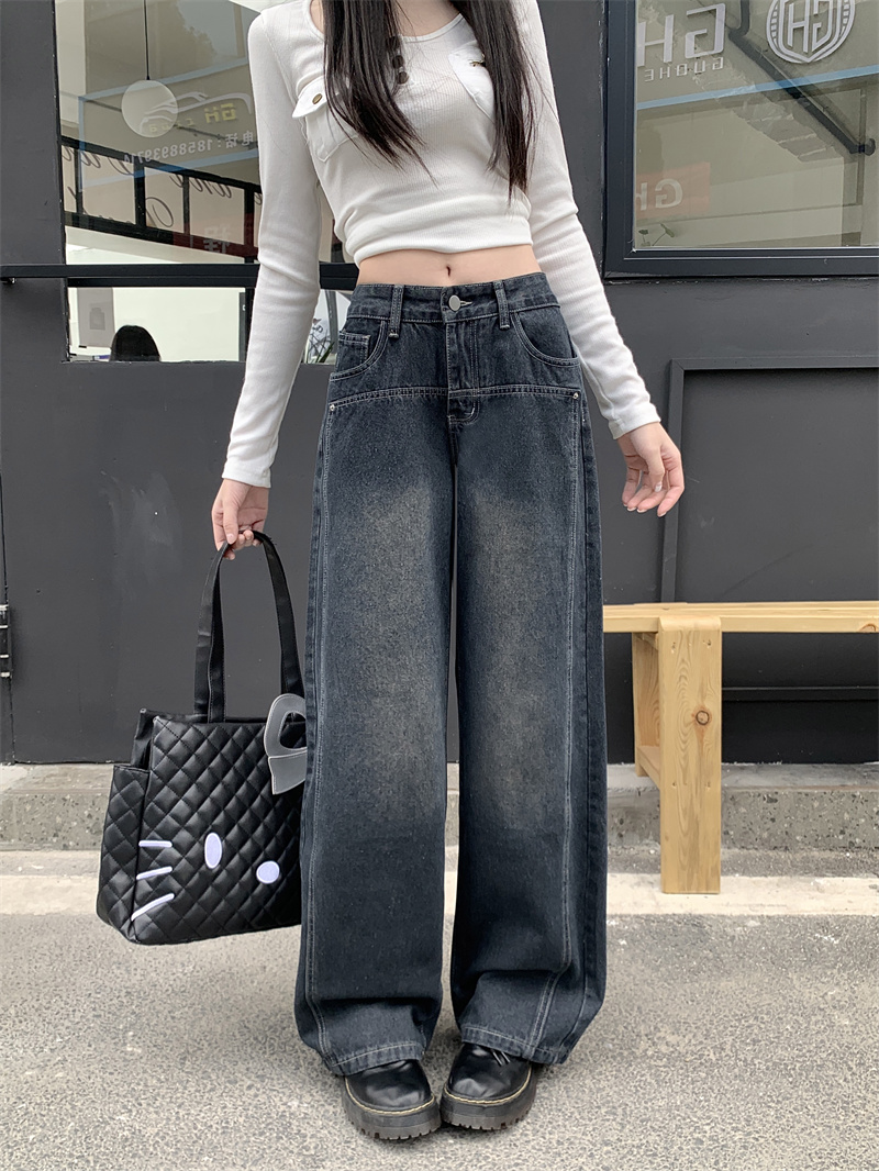 Real photo of nostalgic retro Hong Kong style cement grey wide-leg jeans for women in spring and autumn new slim straight floor pants