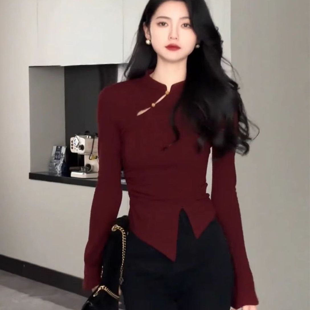 新中式立領斜扣長袖T恤女復古氣質修身顯瘦開叉絕美上衣