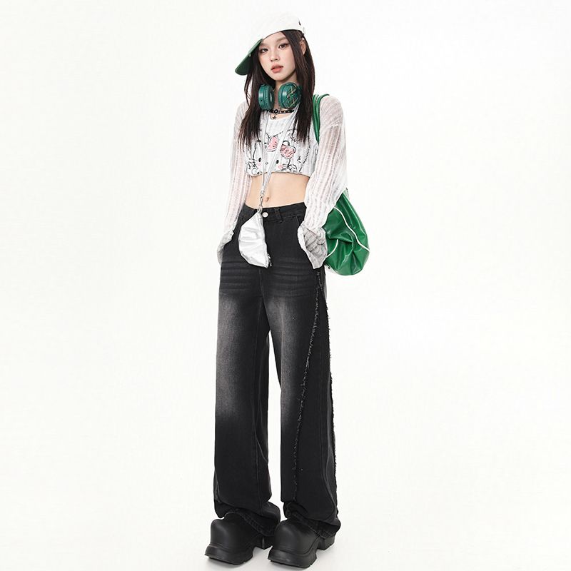 Real shot of 2025 spring spliced ​​furry wide-leg jeans for women loose straight floor pants