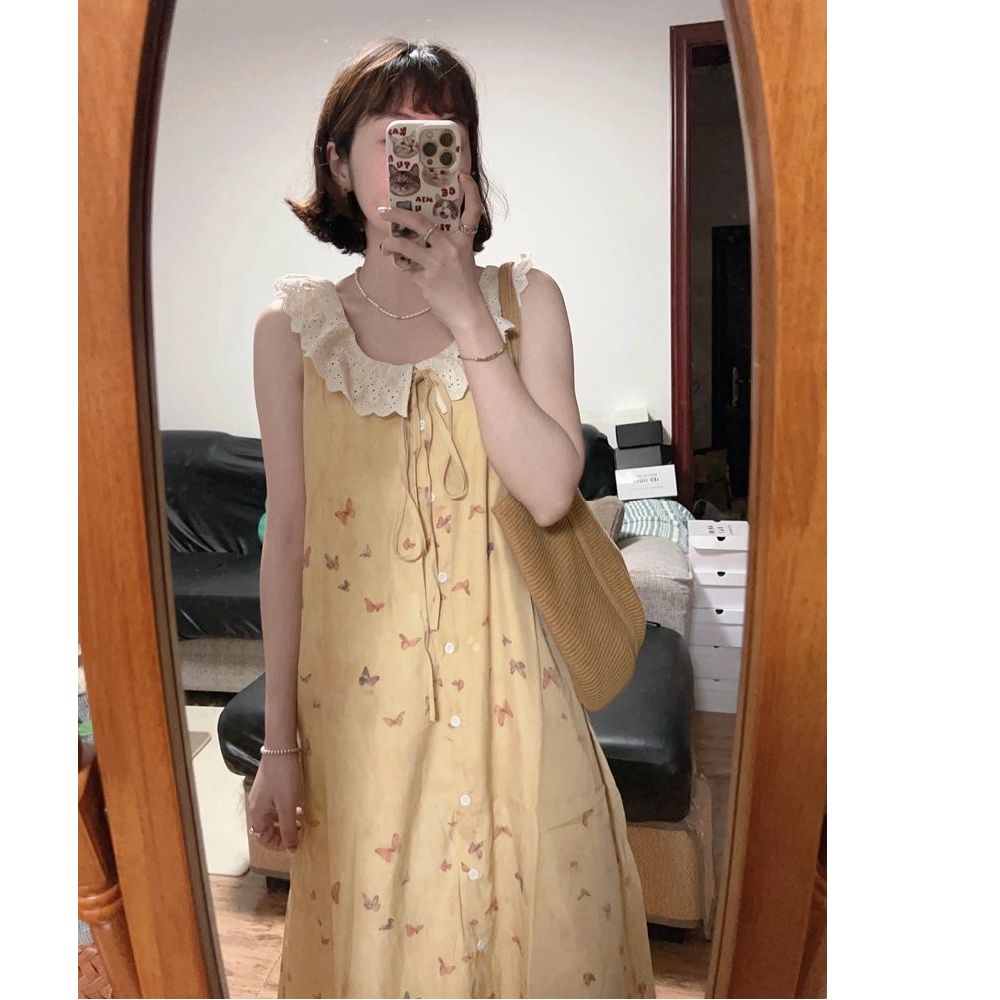 法式桔梗花邊無袖連衣裙蝴蝶結印花背心裙女夏2025新款中長裙減齡