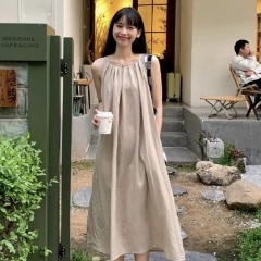 Gentle Breeze Sleeveless Neckline Strap Dress for Women - Summer Beach Vacation Sand Dress with French Pleats Loose Backless Dress