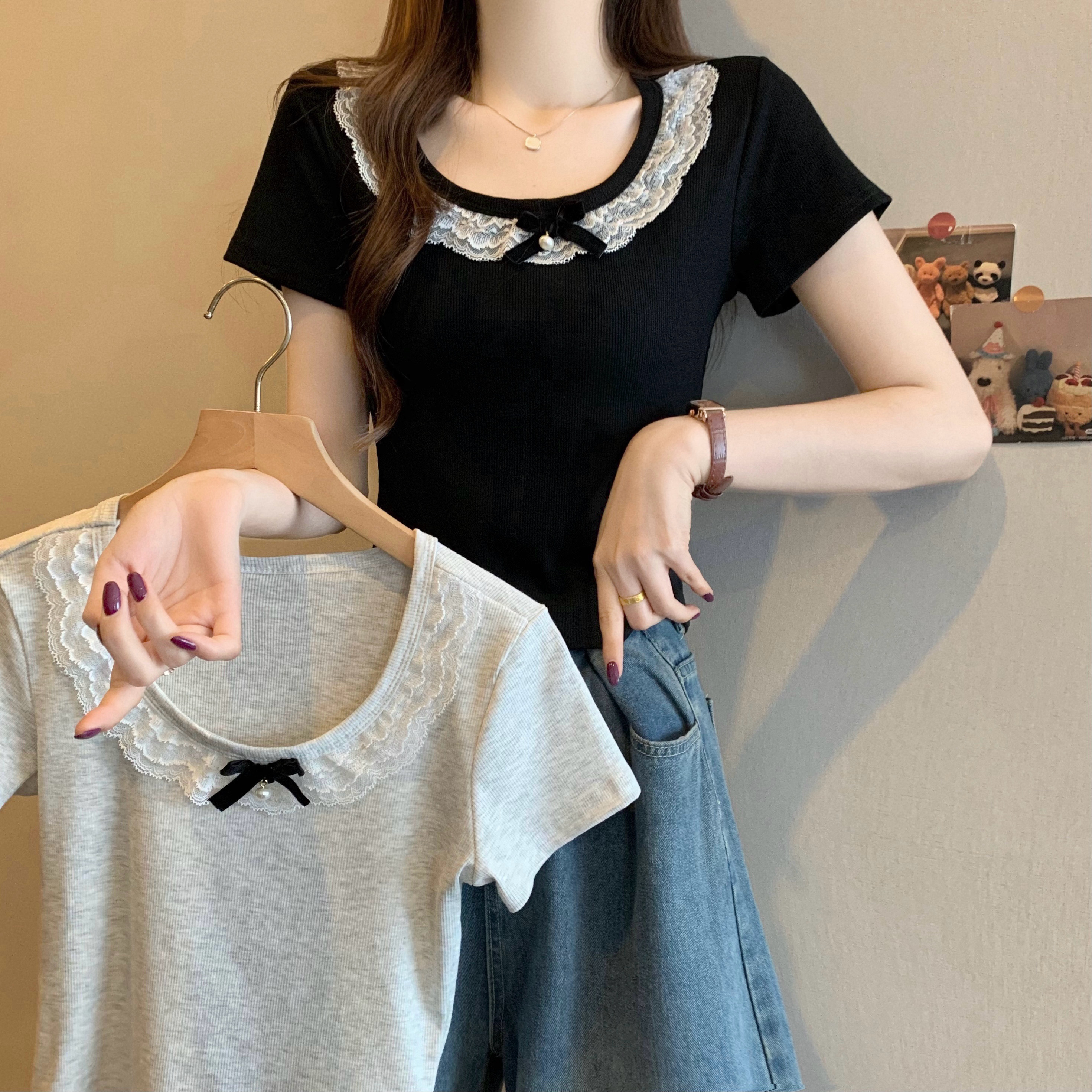 Real shot of the new Korean style design bow lace spliced ​​short-sleeved T-shirt