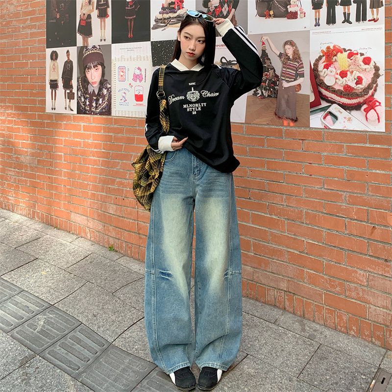 Real shot of 2025 spring fashion American heavy industry loose lazy scimitar jeans for women