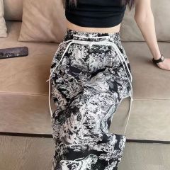 水墨畫扎染闊腿褲女夏季薄款高腰垂感顯瘦國風盤扣窄版直筒褲子女
