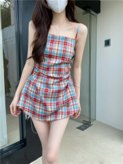 Real shot design-sensory red plaid suspender vest women's clothing for summer slimming niche pleated waistless sleeveless
