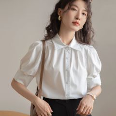 短袖法式polo領上衣白色簡約設計感襯衫夏新款面試通勤正裝襯衣女