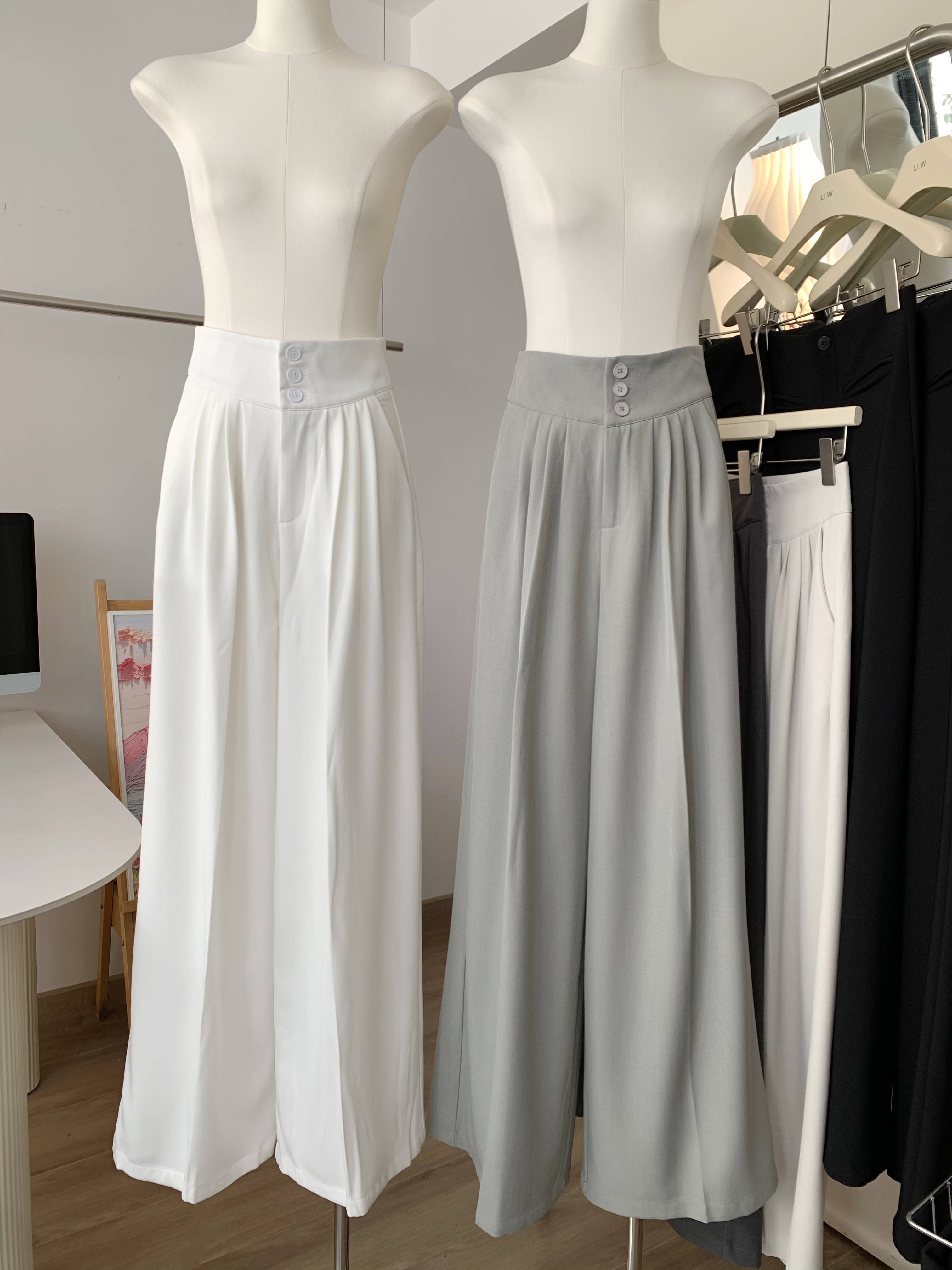 Thirteen-row white high-waisted slimming versatile high-waisted wide-leg wool wide-leg pants autumn new suit pants