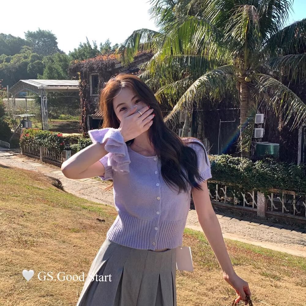 GS夏季新款韓版甜美小女人泡泡袖短款針織小衫女配可拆卸發圈