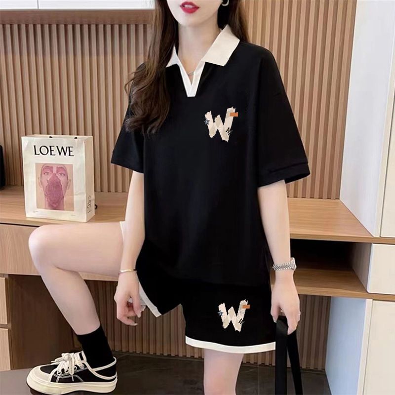 Real-life pure cotton 32 double yarn 230g summer new polo short-sleeved T-shirt shorts suit women's large size two-piece set