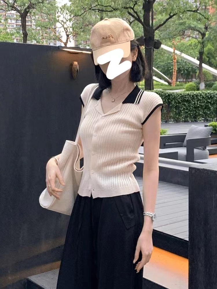 法式復古小香風拼色冰絲針織短袖女夏季新款polo領上衣設計感小眾