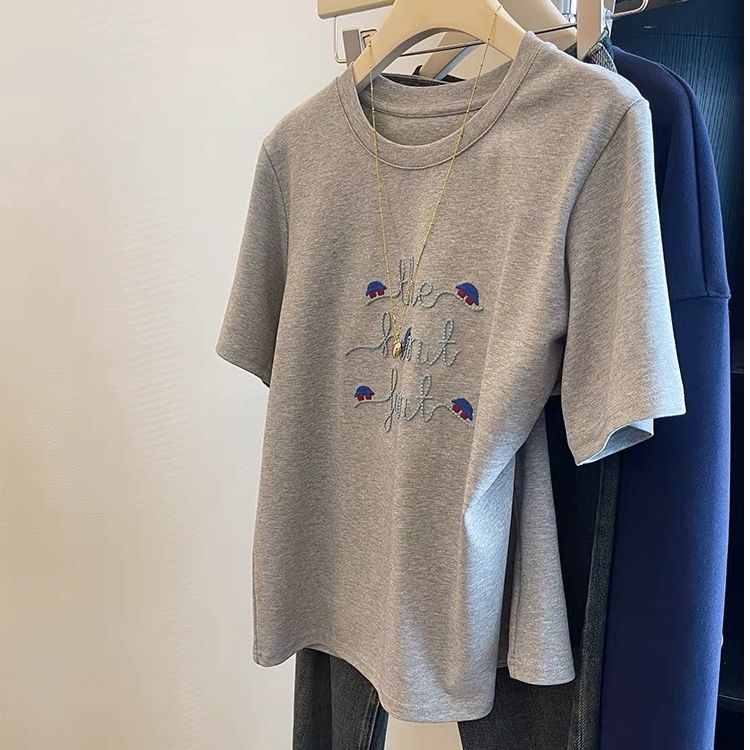 B851#官圖特大碼300斤刺繡短袖t恤女2025春夏季新款上衣