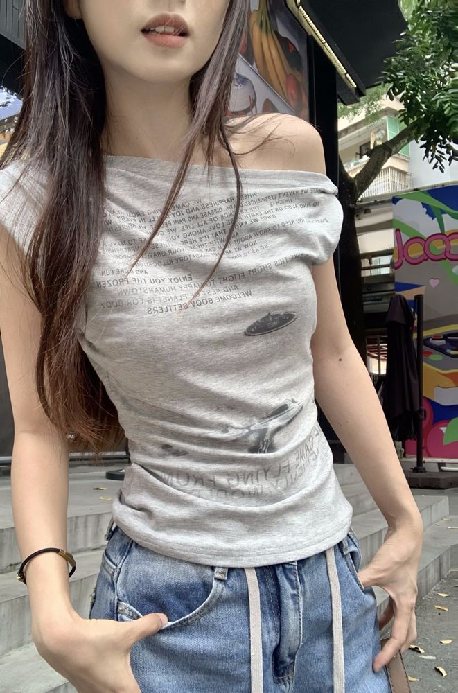 Pure cotton 40 210g 92 cotton 8 spandex pleated slanted shoulder short sleeves