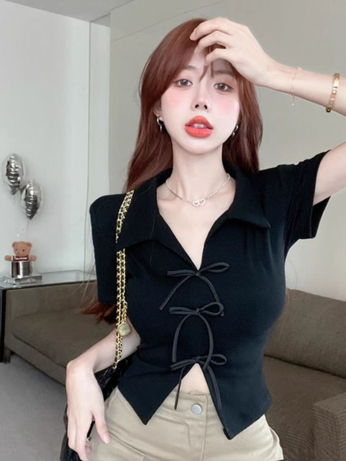 純欲甜辣蝴蝶結polo領短袖t恤女夏季設計感小眾法式短款正肩上衣