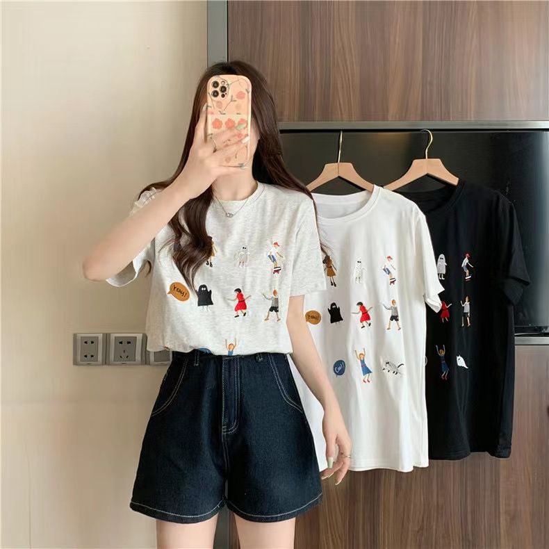 Real photo # pure cotton embroidered loose short-sleeved top for women