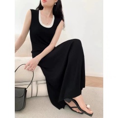 Women's Spring New Color-blocking Crew Neck Knit Tank Dress, Layering Base A-line Skirt