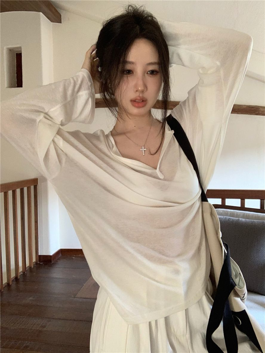 天絲羅紋 薄款透視v領長袖T恤寬鬆白色打底衫chic防曬罩衫上衣