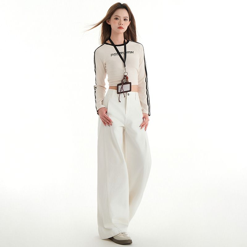 Real shot of 2025 spring fashion trend casual pants for women high waist drooping wide-leg pants