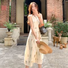 法式復古花卉印花無袖背心裙夏季2025新款顯瘦圓領中長款連衣裙女